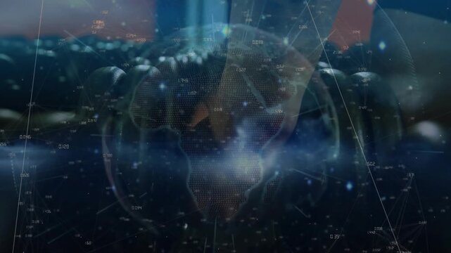 Right hand entering frame, pressing connector, rotating shaft and intensifying hologram for tech