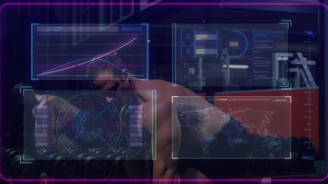 Male lifter leaning forward and performing dumbbell rows in gym, HUD overlaying tracking stats