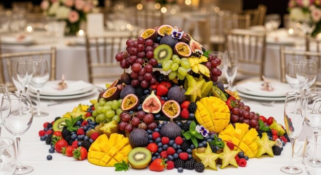 A vibrant fruit display is set against a backdrop of elegant white chairs and tables, creating a visually appealing tableau.