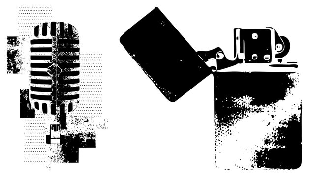 Retro microphone and lighter rendered in halftone dot, vintage graphic design, black and white vector art, symbols, distressed texture, isolated elements.