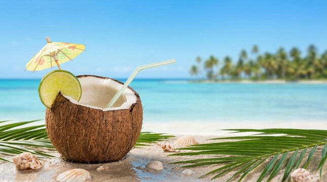 Coconut drink with umbrella and lemon.