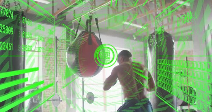 Vertical video: Striking gloved boxer responding to HUD locking red bag, training combos at gym