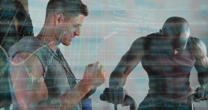 Vertical video: Tapping timer, grey-vest trainer timing athlete pedaling bike at gym, tracking data