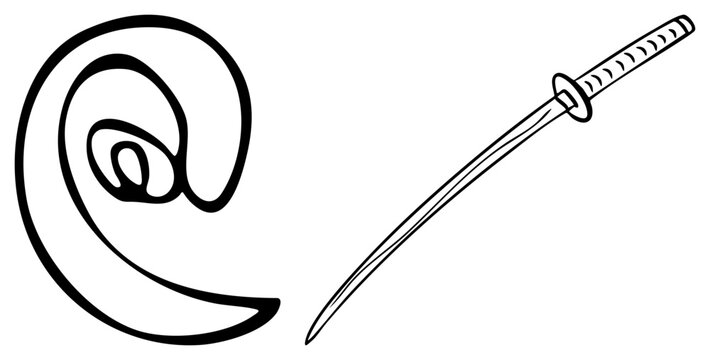 Traditional Japanese katana sword with tsuba guard, stylized wave symbol, martial, samurai weapon, black graphic, minimalist design.