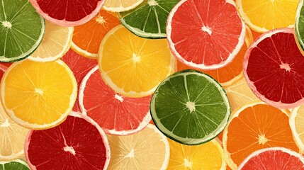 Vibrant colorful citrus fruit slices in seamless pattern