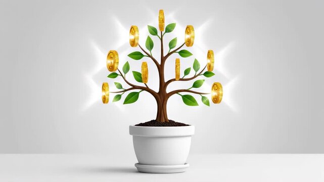 Growing Money Tree with Golden Dollar Coins in White Pot, Concept of Financial Investment Success and Wealth Prosperity