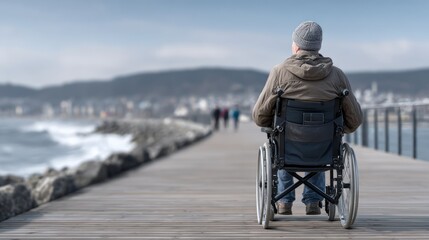 Man in wheelchair enjoys time by the seaside while others walk along the pathway