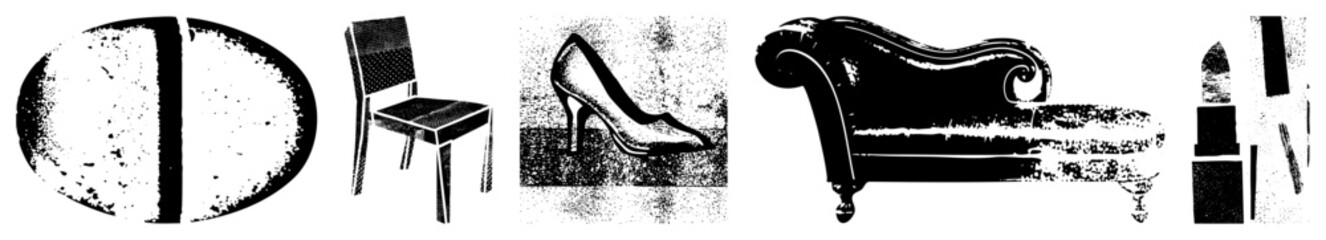 Obraz premium Black and white halftone vector chair, high heel, chaise lounge, lipstick, abstract oval. Retro graphic design elements for UI, branding, or print. Flat silhouette style with textured grain.