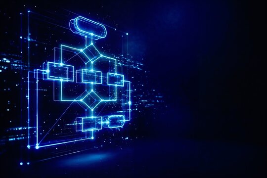 Concept of digital system architecture and data flow visualization with glowing futuristic interface diagram, representing technology strategy, AI infrastructure and network processes on dark backgrou