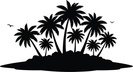 A black silhouette of a tropical island with palm trees © Jannatul