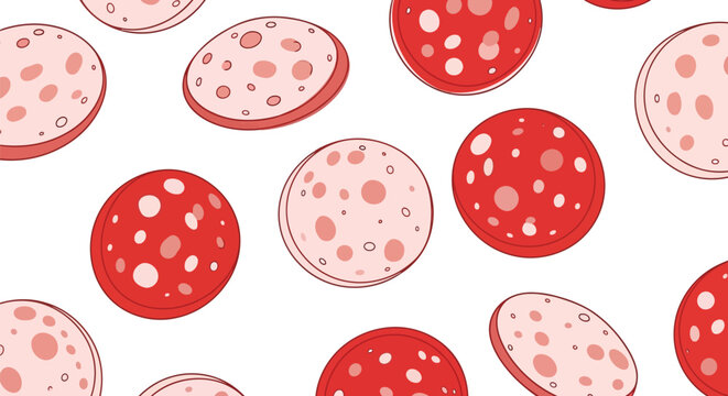 A group of red and pink pepperoni and ham slices on a white background