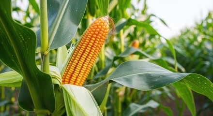 A vibrant corn field with ripe, yellow ears of corn standing tall against the backdrop of a clear blue sky.