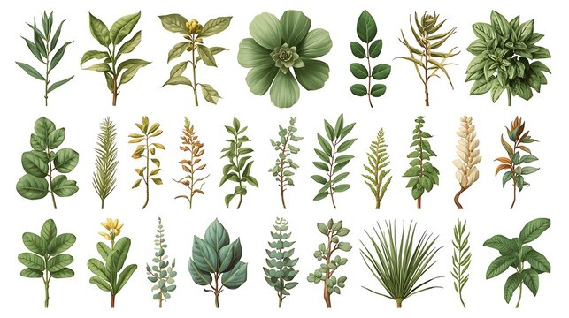 A botanical collection featuring various green leaves and plant specimens