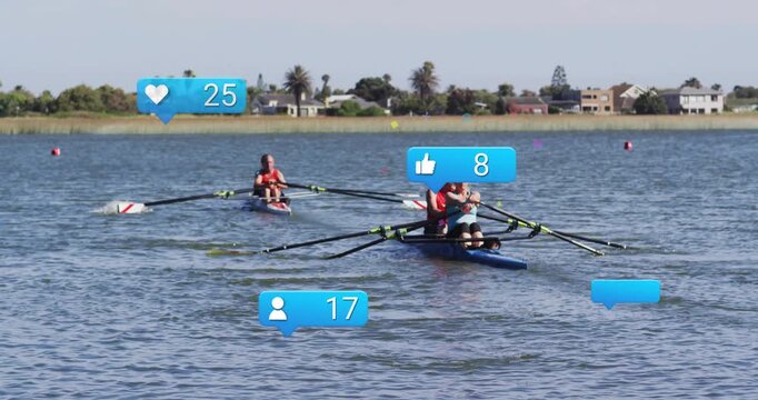 Double scull team starting synchronized strokes, racing toward camera on lake, social icons popping