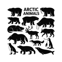 Arctic animals collection featuring polar bears walruses and reindeer silhouette © MDHASAN