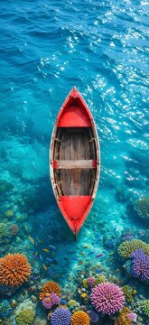 red boat in the sea with coral reefs