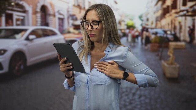Woman holding tablet clutching chest on a busy city street near parked car and fountain; panic heartattack emergency.