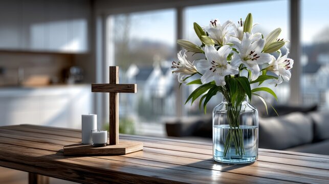 Cross and white lilies on a table in a modern living room setting