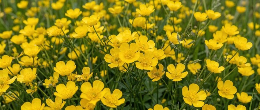 Close Packed Yellow Buttercup Flowers Filling Entire Frame Natural Background