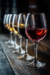 Row of different wine glasses for tasting arranged on a dark wooden table in a winery or restaurant