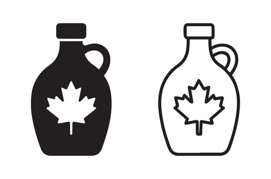 Two maple syrup bottles with a maple leaf design one filled in