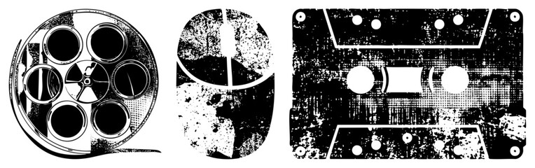 Retro film reel, computer mouse, cassette tape rendered in gritty halftone style, isolated vector elements, nostalgic tech symbols, analog era artifacts.