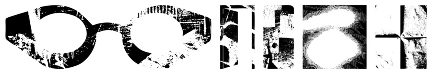 Stylized graphic symbols using halftone, vector glyphs, textured forms, isolated design elements, aesthetic.