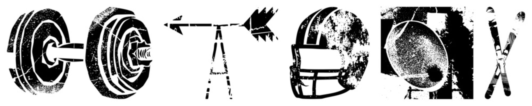 Weightlifting barbell, arrow, football helmet, mixing bowl, ski poles gritty, athletic gear, retro gym equipment, distressed texture, stylized vector graphics.