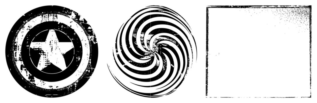 Distressed America shield, hypnotic spiral vortex graphic, empty grunge frame all vector elements with worn texture. Perfect for retro, punk, or abstract design projects.