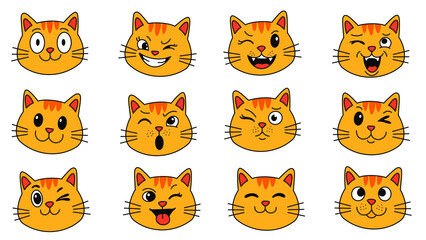 Fototapeta premium Vector set of cute ginger cat head icons with various facial expressions and emotions