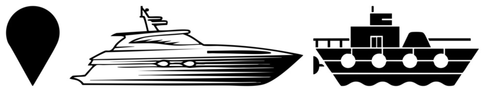 Vector illustration of luxury yacht and military vessel, isolated, navigation symbols, maritime transport, stylized boats, black and white design.