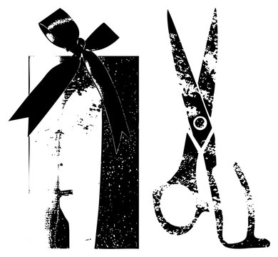 Vintage style scissors and gift box adorned with bow, graphic, distressed texture, craft or gift theme, flat design with grunge effect.