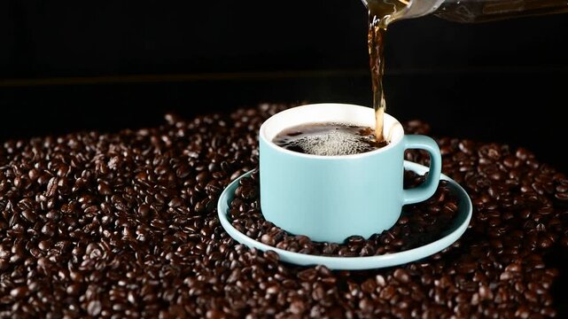 Fresh hot coffee being poured into a light blue cup placed on a bed of roasted coffee beans