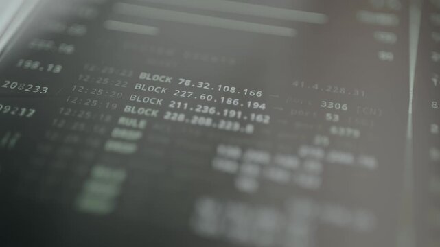 Log of security events from an intrusion detection system. Blocked traffic and detected attacks displayed