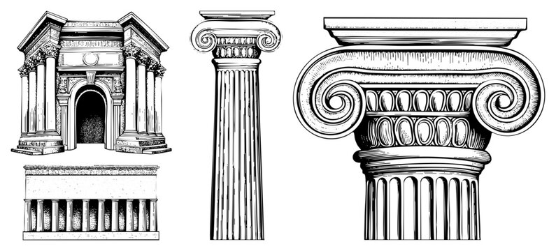 Ornate Ionic columns with volutes, temple pediment, entablature, fluted shafts, ancient Greek architecture, architectural vector illustration.