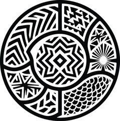 Tribal circular design with Maori elements, geometric patterns, and star motifs representing cultural heritage and artistic expression in Polynesian style. © Munna_SH