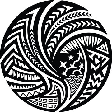 Polynesian tribal tattoo swirl with abstract pacific island art motifs and maori inspired decoration vector illustration.