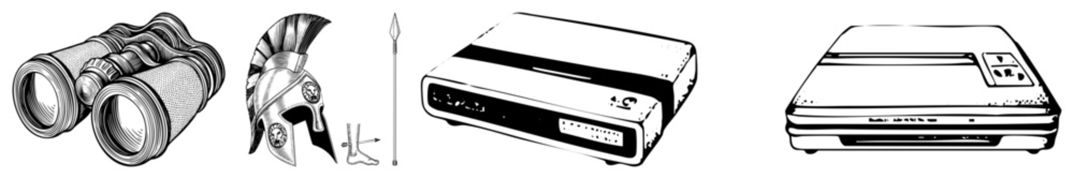 Classic binoculars for viewing, ancient Spartan helmet with, spear weapon, retro set top box, floppy disk drive all isolated vector.