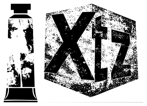 Classic paint tube with worn surface, bold Xtz letters in 3D cube, gritty style, graphic design element, retro branding, vector illustration.