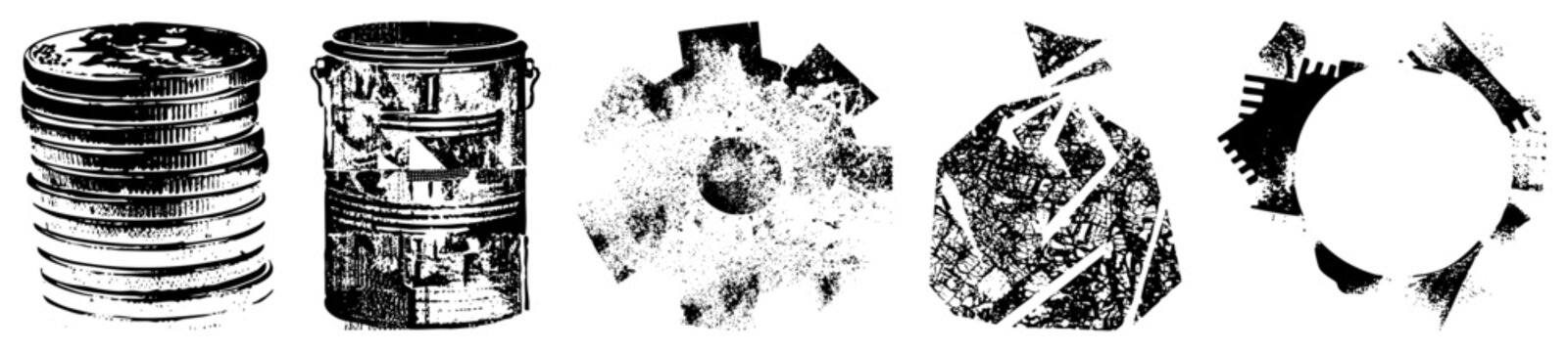 halftone coins, barrel, gear, puzzle, fragment vector set for design/UI/industrial themes. (alt pack, stencil, industrial motif)