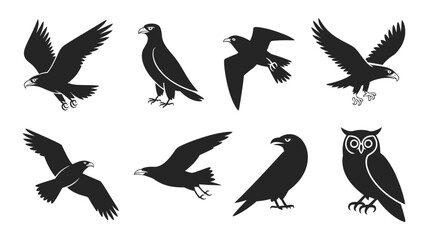 Obraz premium A set of solid black vector icons featuring various birds including eagles, a crow, a hawk, and an owl in multiple dynamic poses.