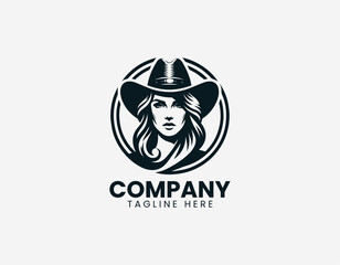 Confident cowgirl portrait wearing wide brim hat in bold modern black vector logo illustration style