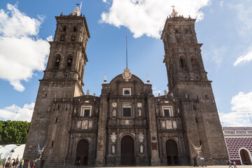 Puebla, Mexico - 4 December 2022: The Cathedral of Puebla is the second tallest Cathedral on the American Continent