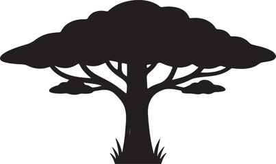 Silhouette of a tree with wide canopy and trunk against white background also transparent background © BeCoolOk