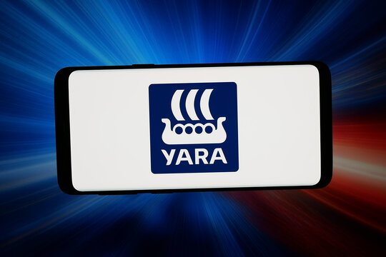 Stuttgart, Germany - 03-10-2026: In this photo illustration, the logo of chemical company Yara International ASA is displayed on a smartphone in front of abstract background on computer screen.