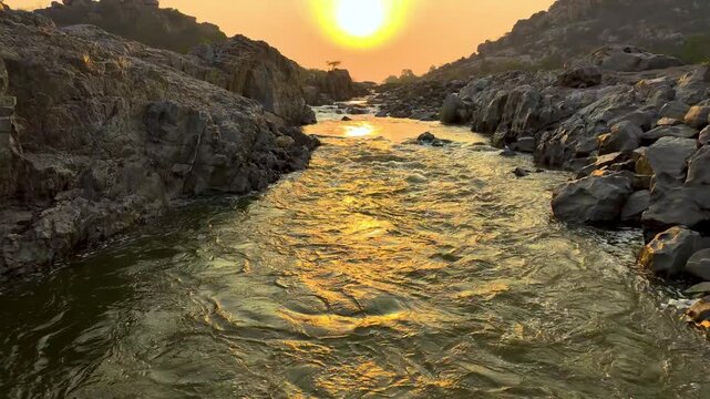 Drone shot of Tungabhadra River in hampi
