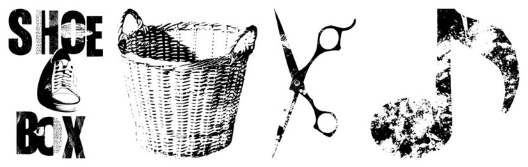 Obraz premium Graphic set featuring shoe box branding, woven basket, hairdresser scissors, and musical note, all in distressed halftone style. Ideal for creative projects or retro design themes.