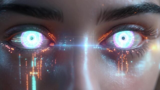 Close-up of glowing futuristic eyes with digital circuits and bright light rays