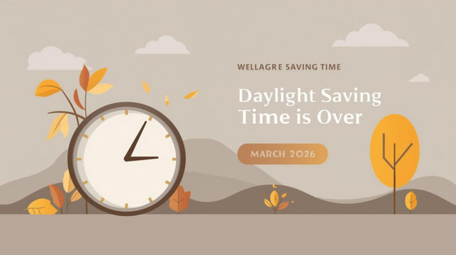 Fall Back. daylight saving time ends 2026 background or banner design template. Daylight Saving Time is Over. The clock turns back one hour on March 29, 2026. Fall back concept banner. Vector