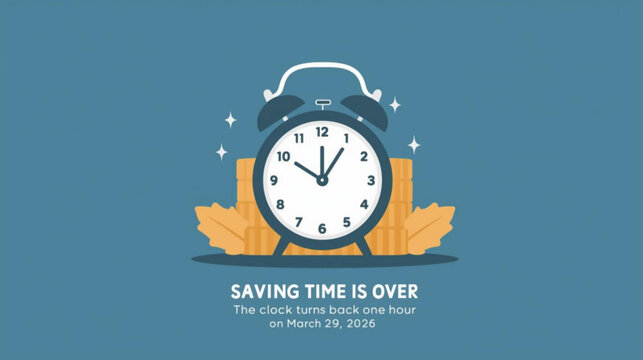 Fall Back. daylight saving time ends 2026 background or banner design template. Daylight Saving Time is Over. The clock turns back one hour on March 29, 2026. Fall back concept banner. Vector